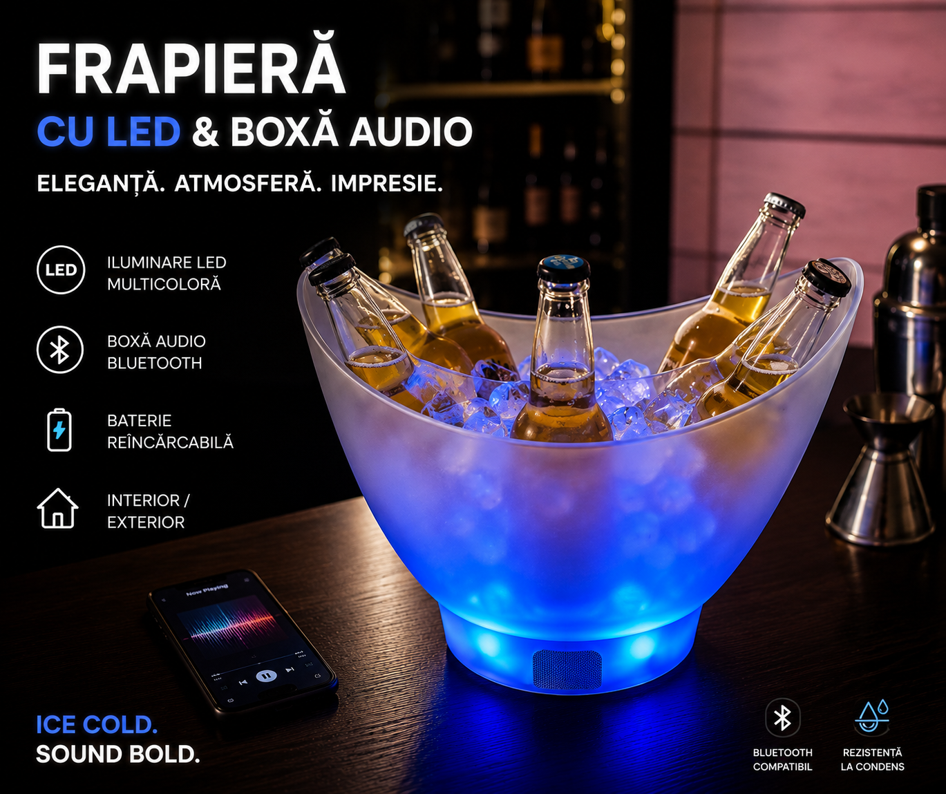 Frapieră LED cu Boxă – Gata cu băuturile calde și petrecerile fără atmosferă